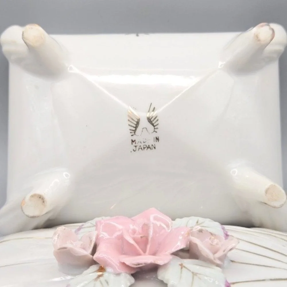 Vintage 1960s Porcelain Trinket Box Shell Hand Painted Rose Design Made in Japan